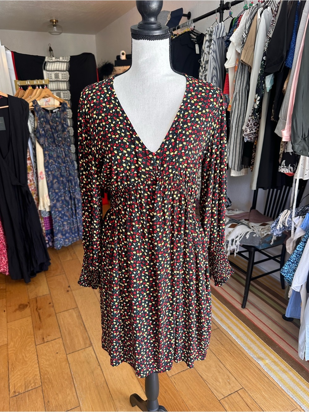 Black Ditsy Floral Long-Sleeve Mini Dress